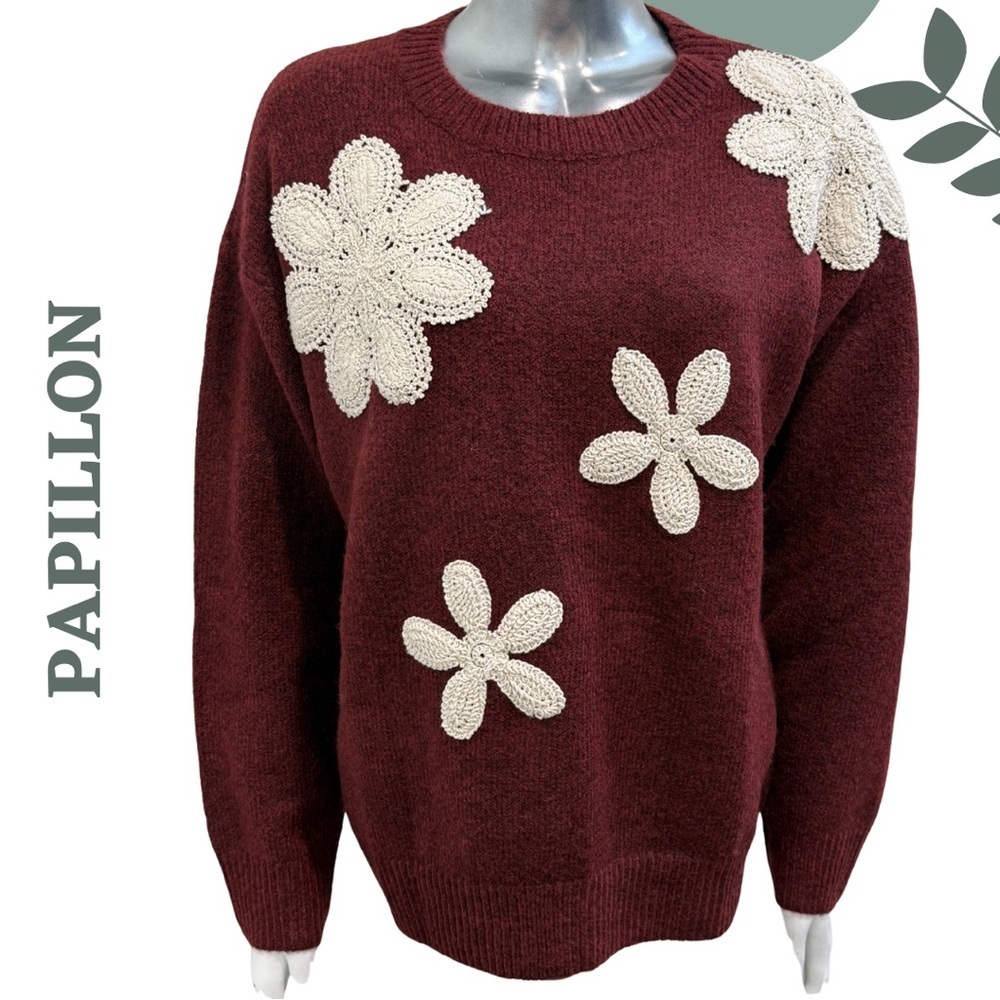 Papillon Burgundy Crochet Floral Sweater Medium Boho